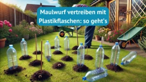 Maulwurf vertreiben Plastikflasche: Ein Mann steckt Plastikflaschen auf Holzstöcker, die im Boden stecken