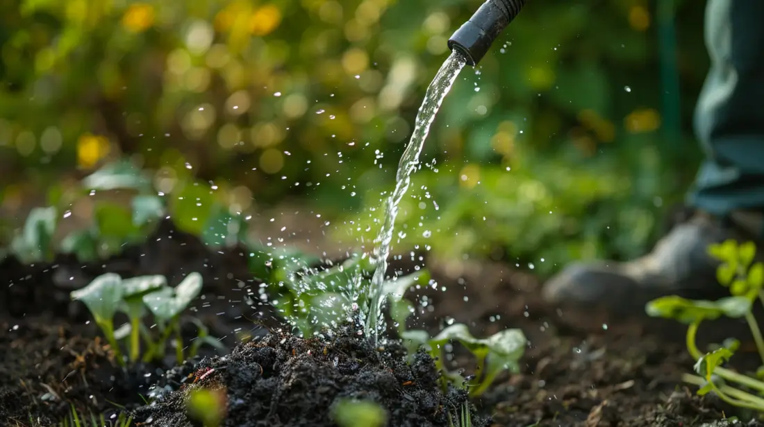 Maulwurf vertreiben mit Wasser ein Hügel wird begossen