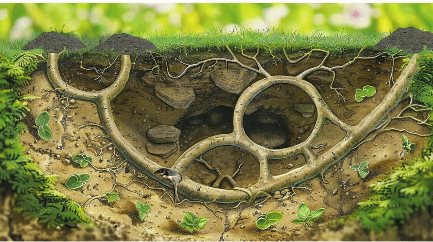 Tunnelsystem eines Maulwurfs - platzieren Sie Jauche und Maulwurfskugeln in den Eingängen